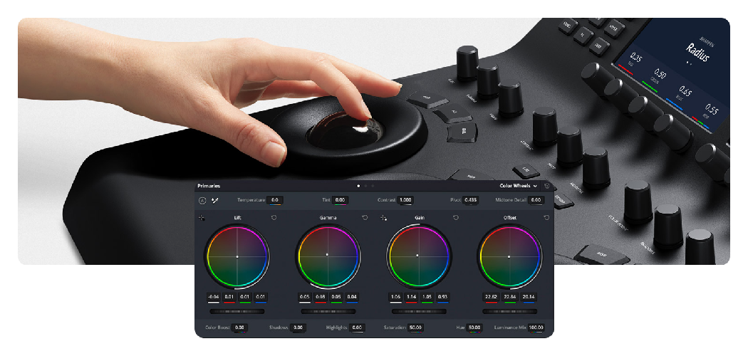 close up of someone using the trackball feature of the Blackmagic Design DaVinci Resolve Micro Color Panel, with the screen interface on top of the image, Blackmagic Design DaVinci Resolve Micro Color Panel